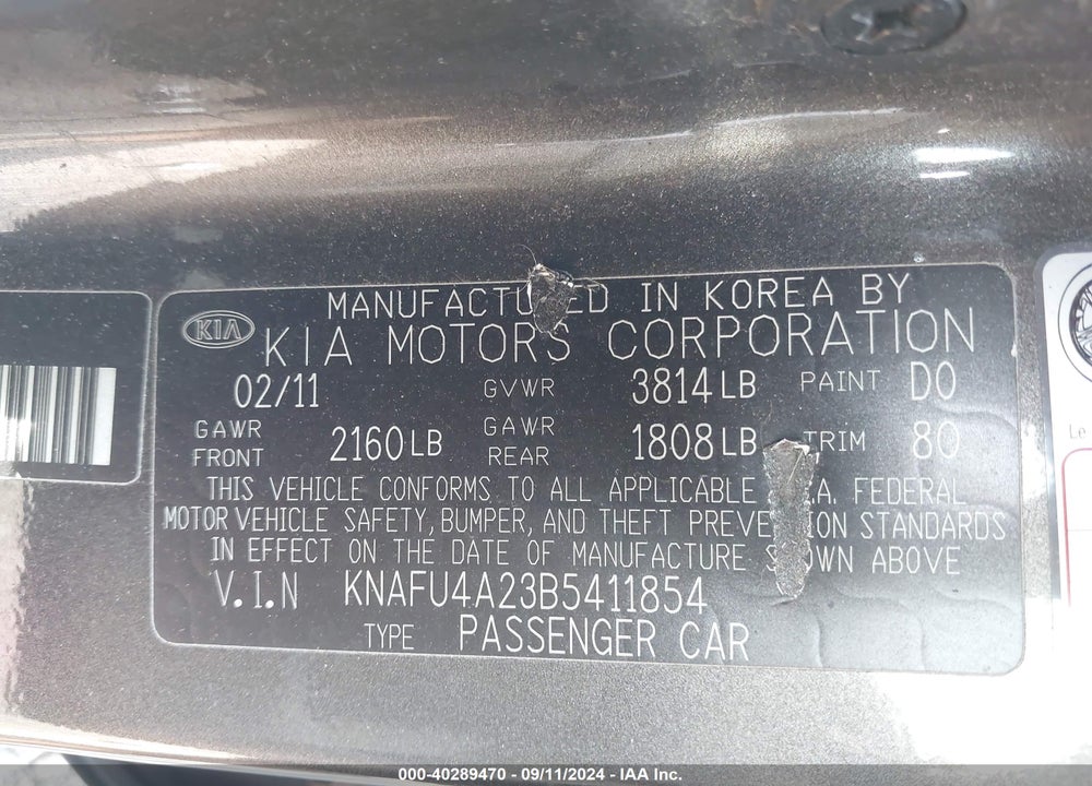 2011 KIA FORTE EX VIN: KNAFU4A23B5411854