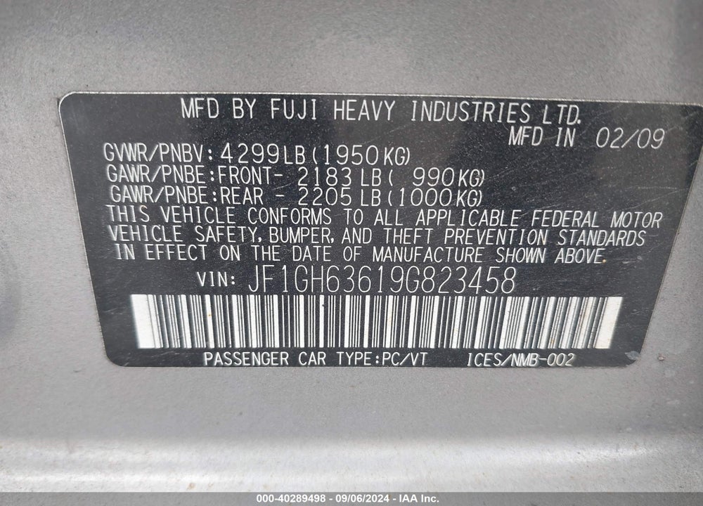 2009 SUBARU IMPREZA OUTBACK SPORT VIN: JF1GH63619G823458