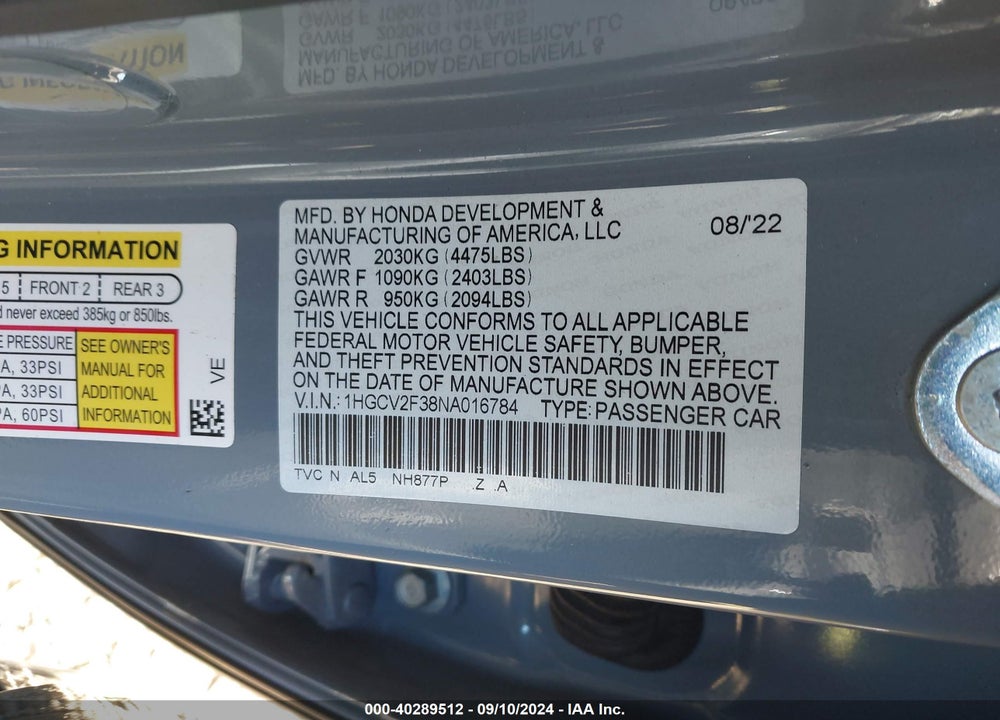 2022 HONDA ACCORD SPORT 2.0T VIN: 1HGCV2F38NA016784