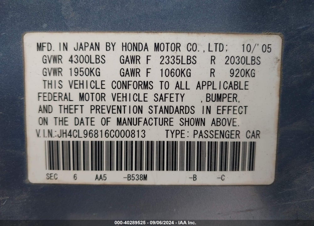 2006 ACURA TSX VIN: JH4CL96816C000813