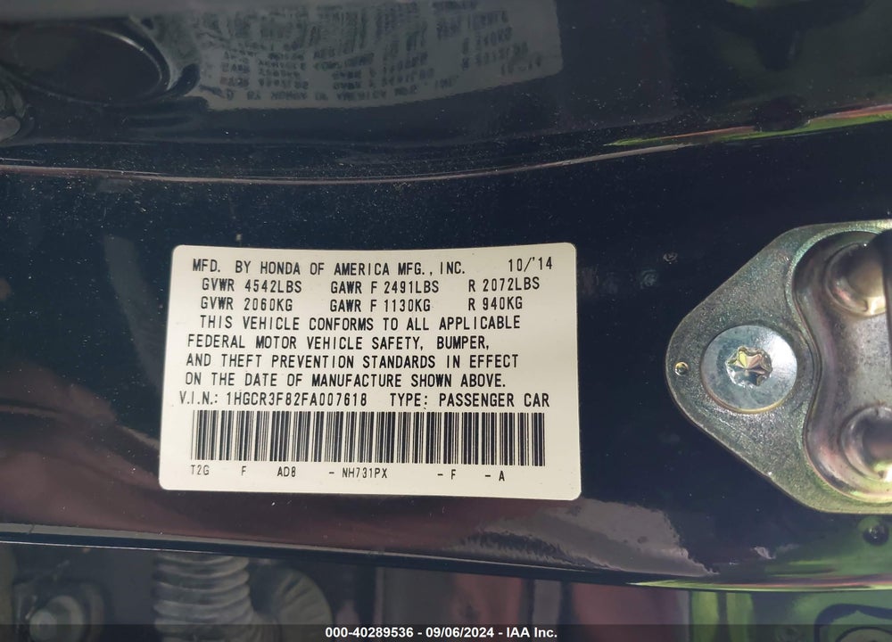 2015 HONDA ACCORD EX-L V-6 VIN: 1HGCR3F82FA007618