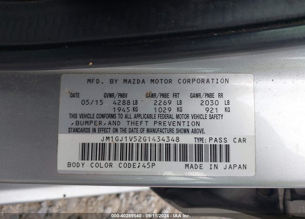 2016 MAZDA 6 I TOURING VIN: JM1GJ1V52G1434348