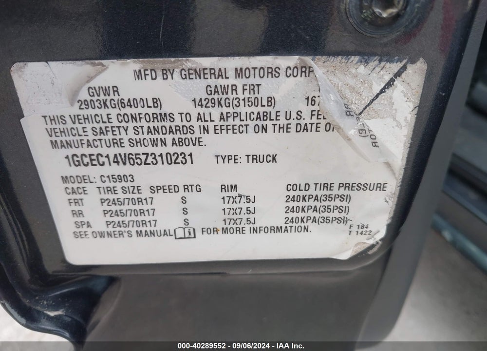 2005 CHEVROLET SILVERADO 1500 WORK TRUCK VIN: 1GCEC14V65Z310231