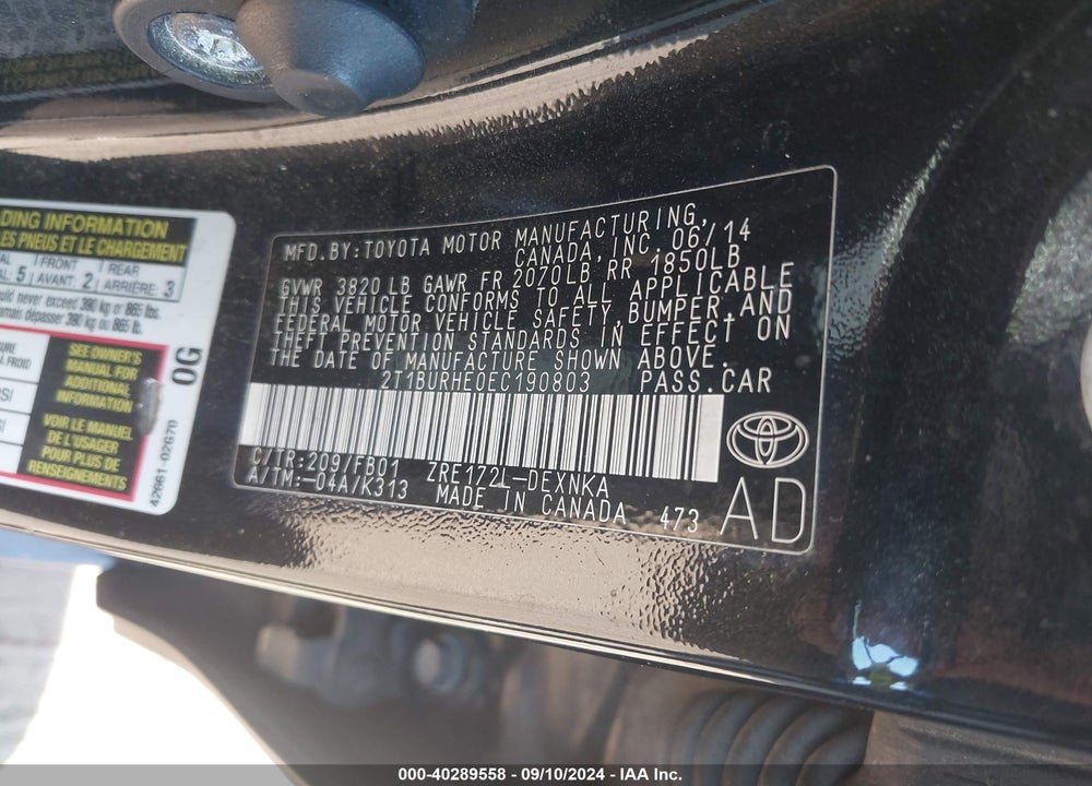 2014 TOYOTA COROLLA LE VIN: 2T1BURHE0EC190803