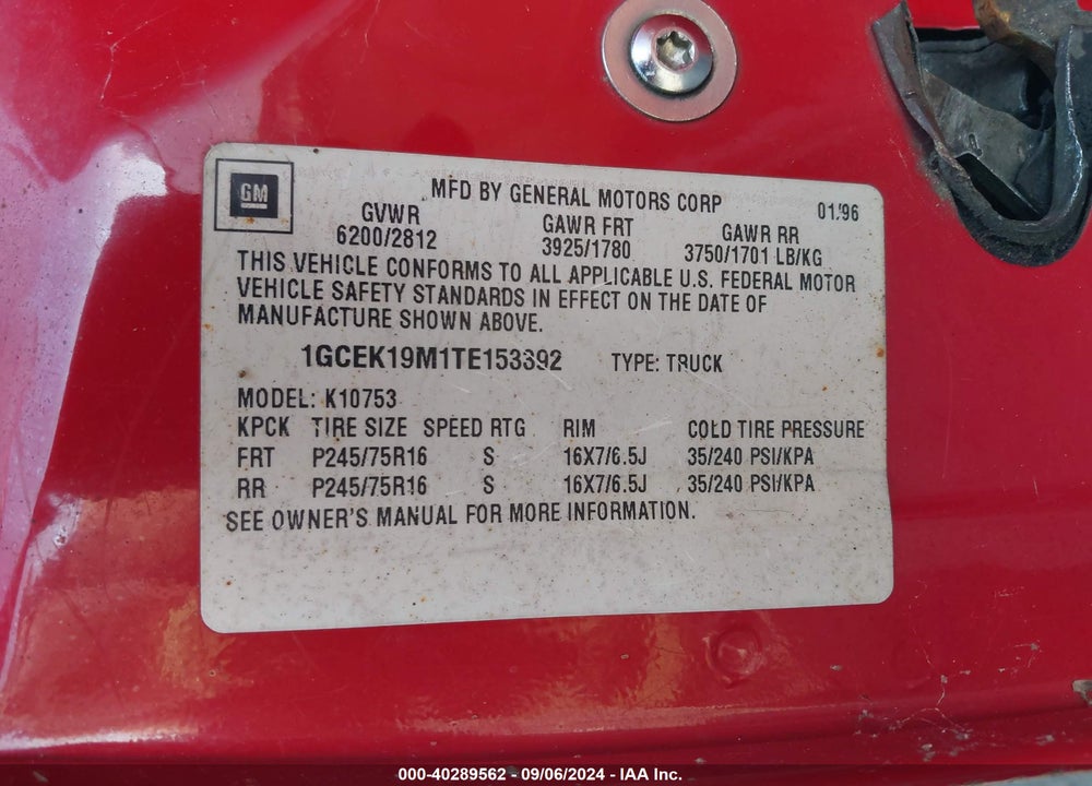 1996 CHEVROLET GMT-400 K1500 VIN: 1GCEK19M1TE153392