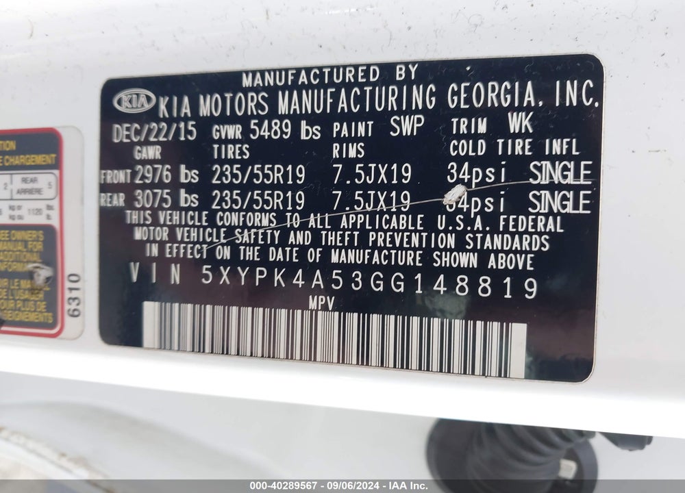 2016 KIA SORENTO 3.3L SXL VIN: 5XYPK4A53GG148819