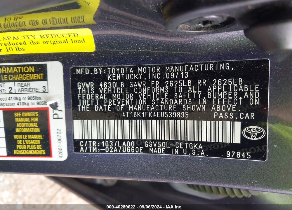 2014 TOYOTA CAMRY XLE V6 VIN: 4T1BK1FK4EU539895