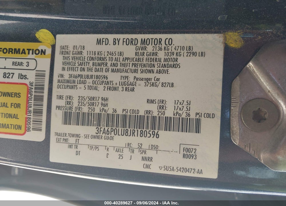 2018 FORD FUSION HYBRID SE VIN: 3FA6P0LU8JR180596