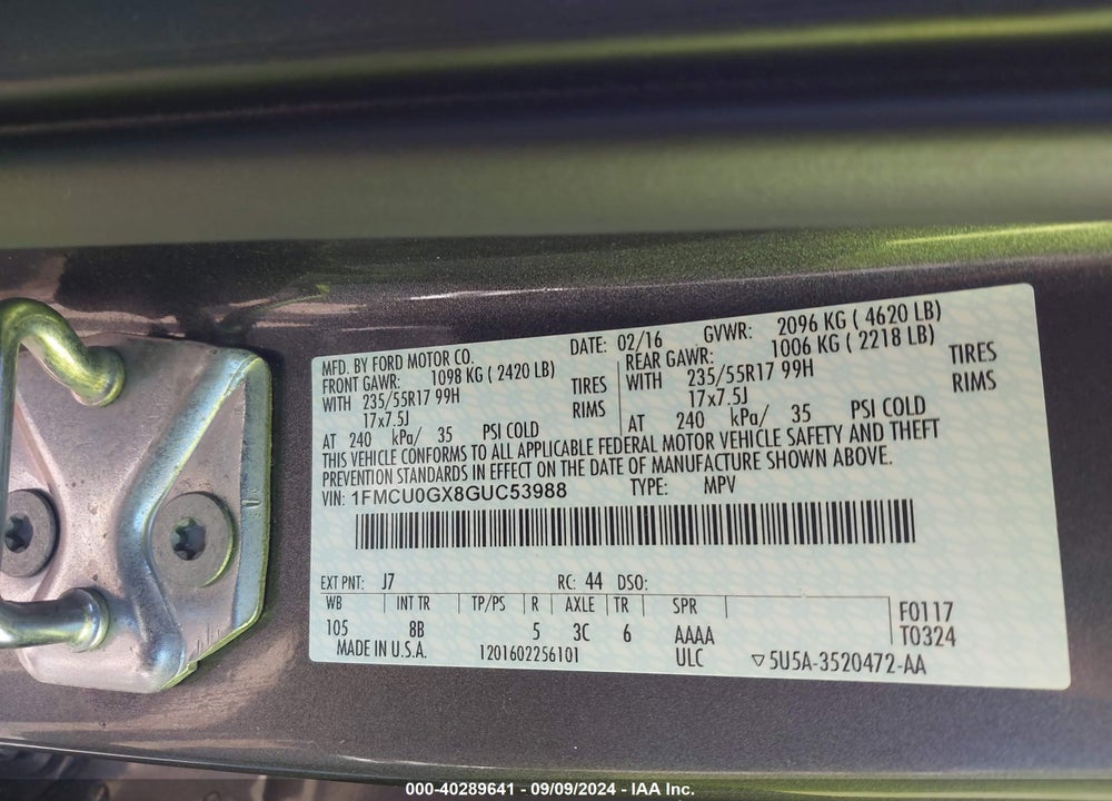 2016 FORD ESCAPE SE VIN: 1FMCU0GX8GUC53988