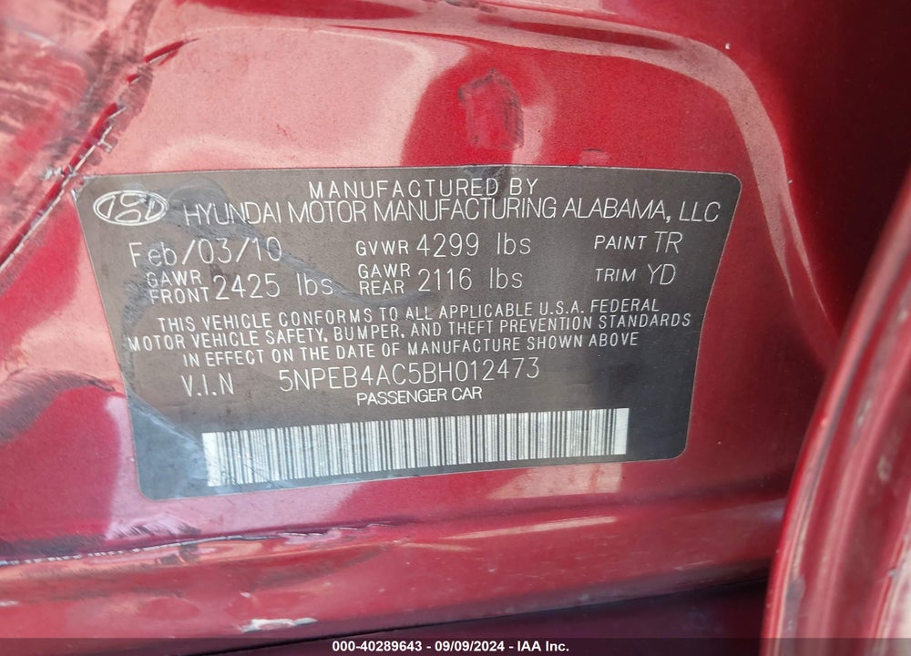 2011 HYUNDAI SONATA GLS VIN: 5NPEB4AC5BH012473