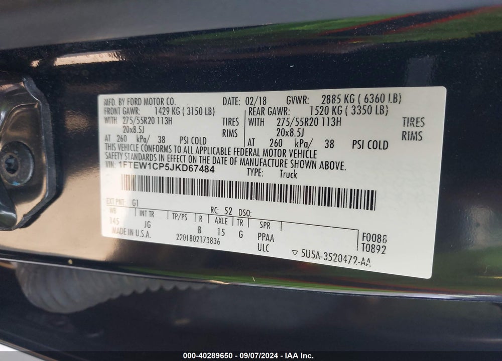 2018 FORD F-150 XL VIN: 1FTEW1CP5JKD67484