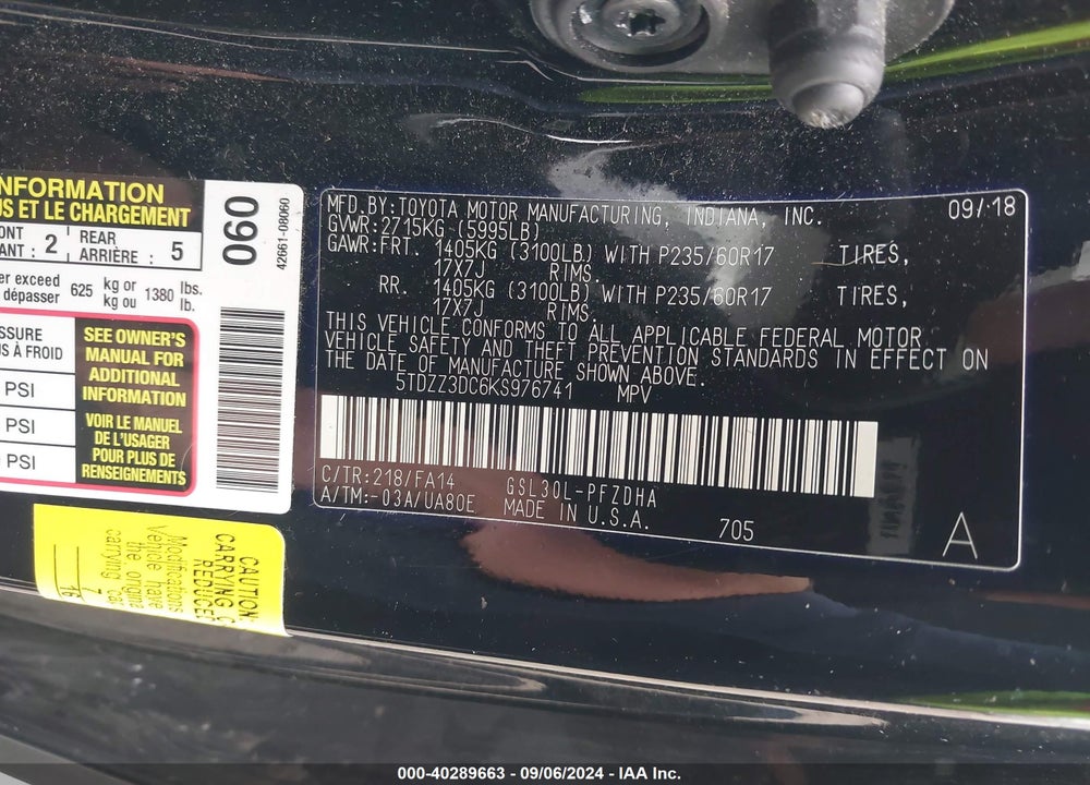 2019 TOYOTA SIENNA L 7 PASSENGER VIN: 5TDZZ3DC6KS976741