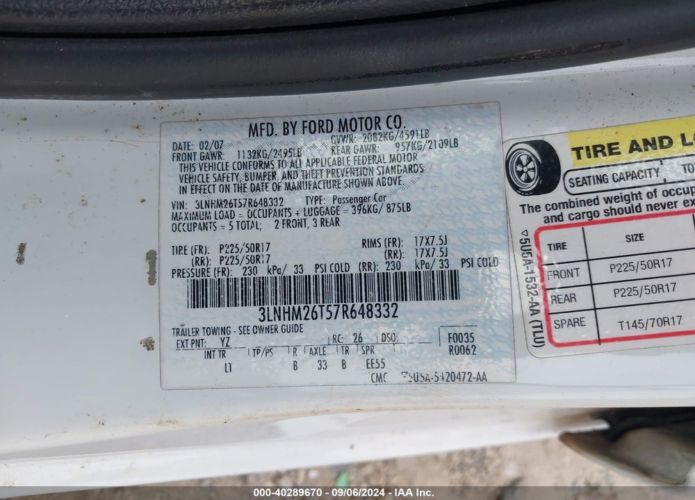 2007 LINCOLN MKZ VIN: 3LNHM26T57R648332