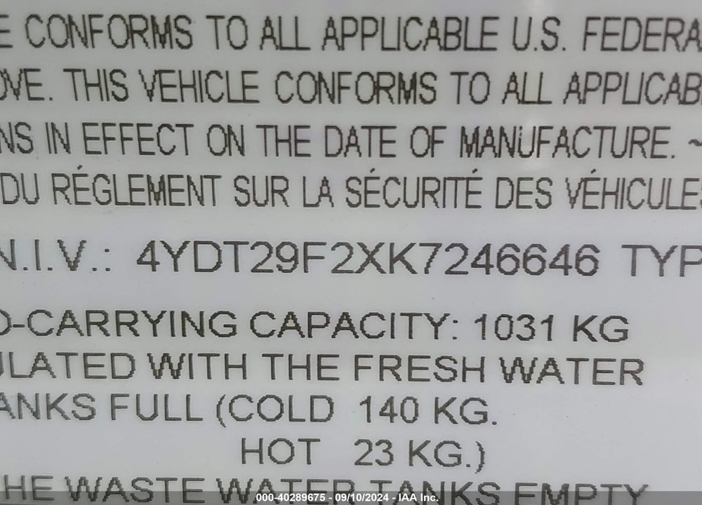 2019 KEYSTONE RV OTHER VIN: 4YDT29F2XK7246646