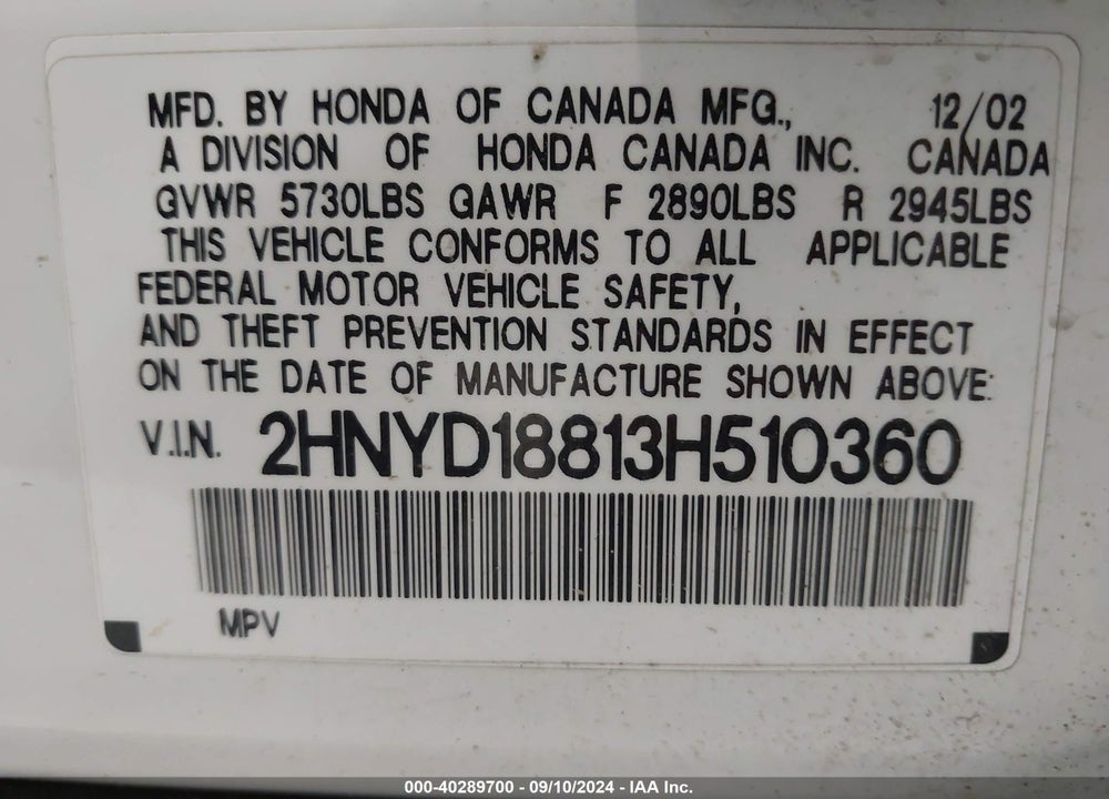 2003 ACURA MDX VIN: 2HNYD18813H510360