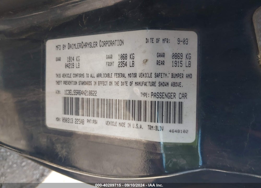 2004 CHRYSLER SEBRING LXI VIN: 1C3EL55R64N218622