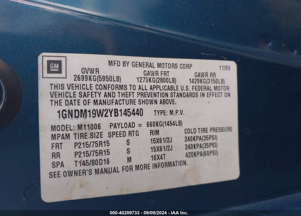 2000 CHEVROLET ASTRO VIN: 1GNDM19W2YB145440