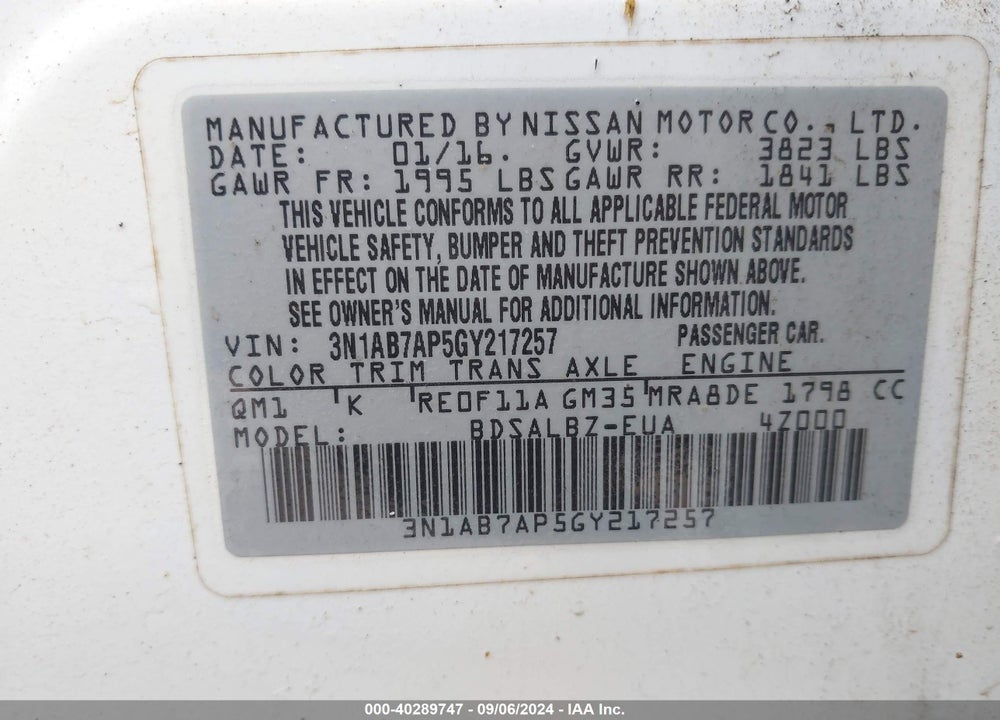 2016 NISSAN SENTRA VIN: 3N1AB7AP5GY217257