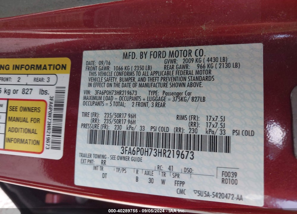 2017 FORD FUSION VIN: 3FA6P0H73HR219673