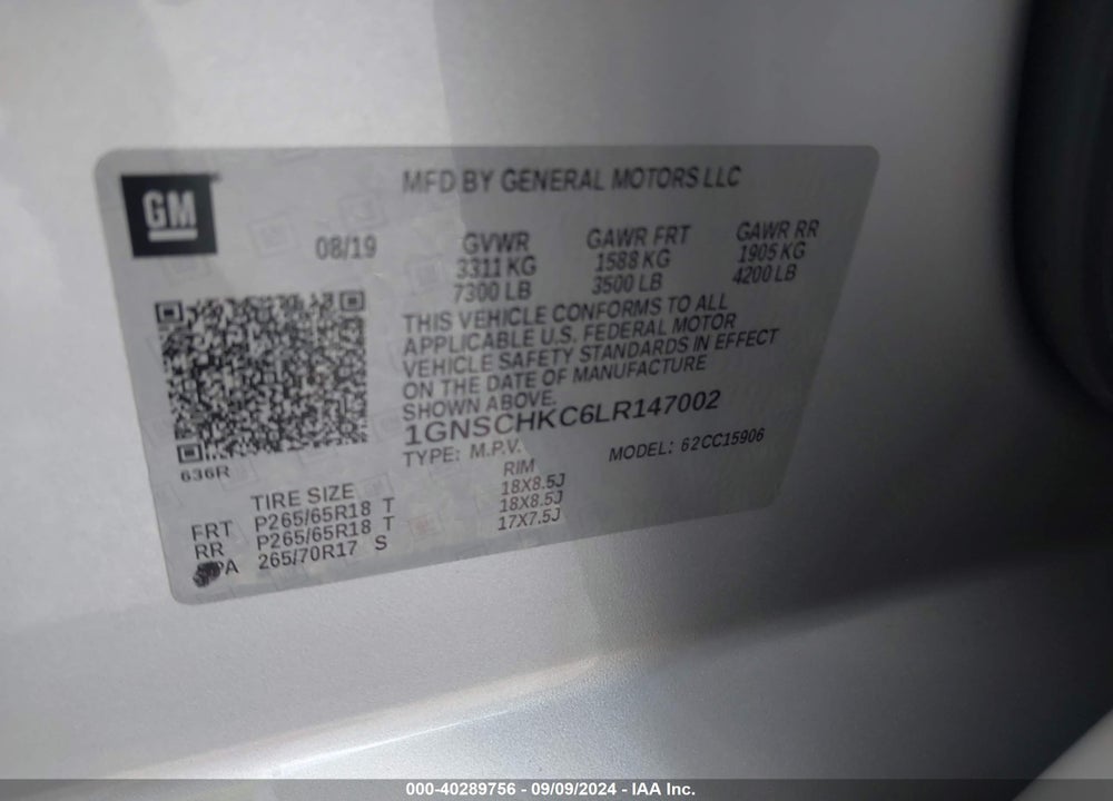 2020 CHEVROLET SUBURBAN 2WD LT VIN: 1GNSCHKC6LR147002