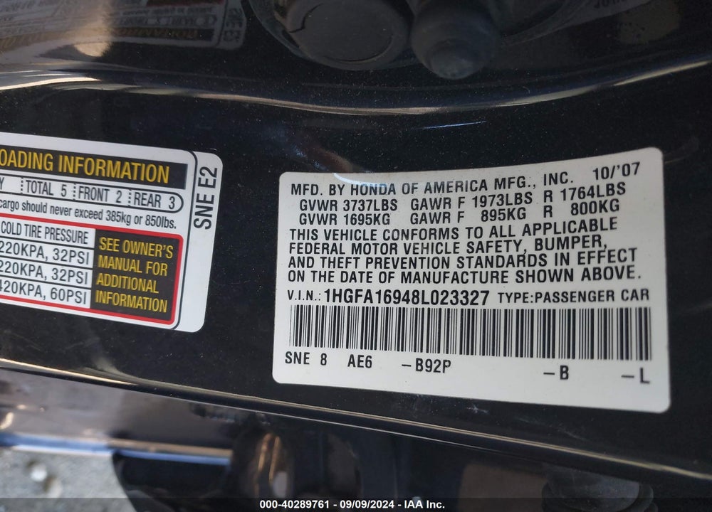 2008 HONDA CIVIC EX-L VIN: 1HGFA16948L023327