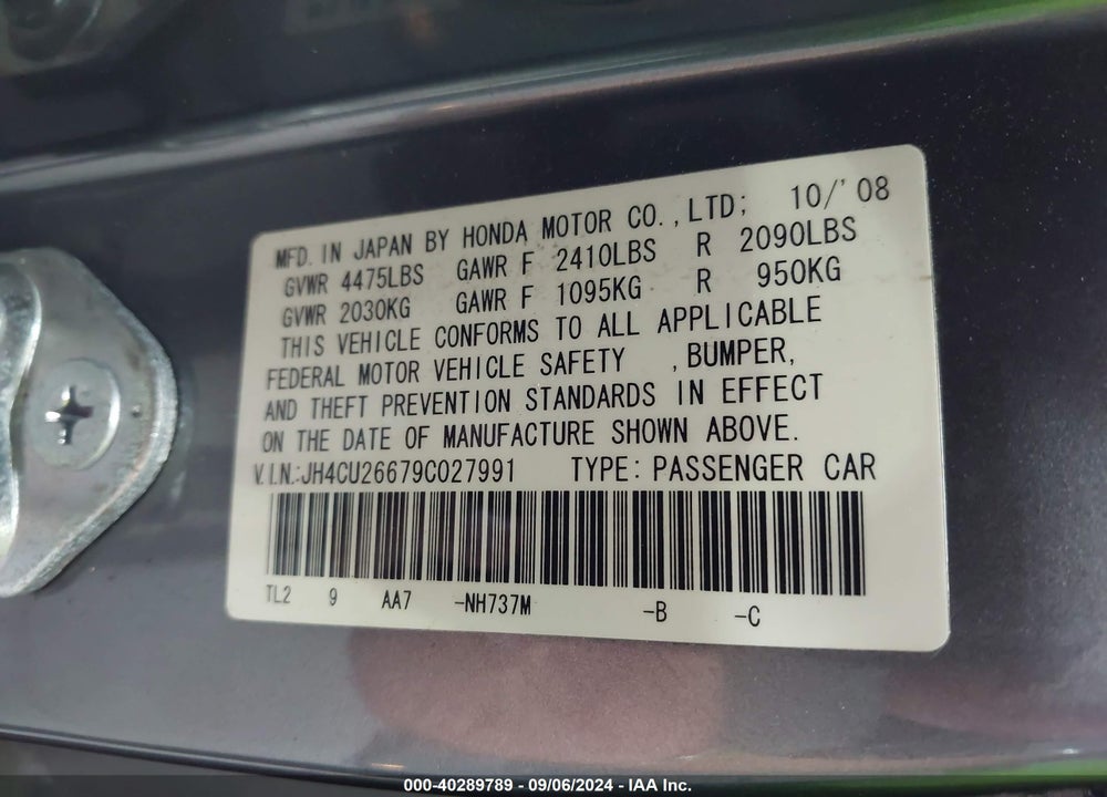 2009 ACURA TSX VIN: JH4CU26679C027991