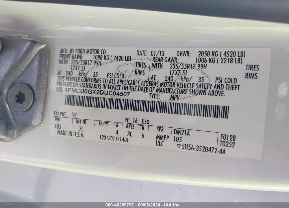 2013 FORD ESCAPE SE VIN: 1FMCU0GX2DUC04507