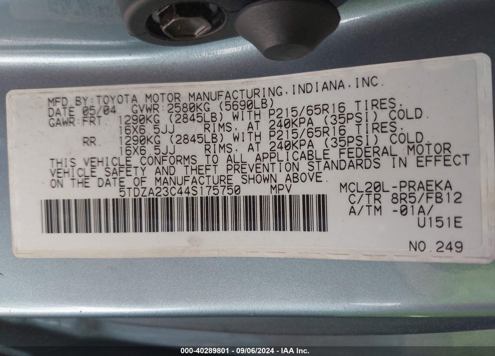 2004 TOYOTA SIENNA LE VIN: 5TDZA23C44S175750