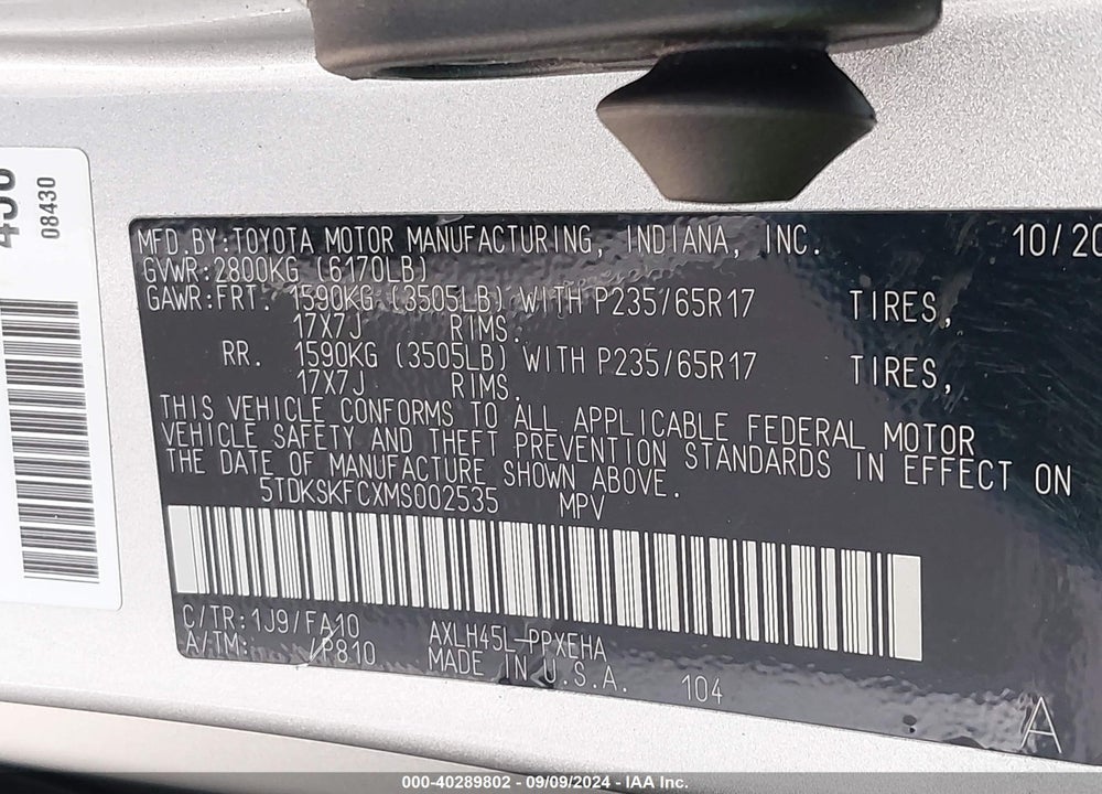 2021 TOYOTA SIENNA LE VIN: 5TDKSKFCXMS002535