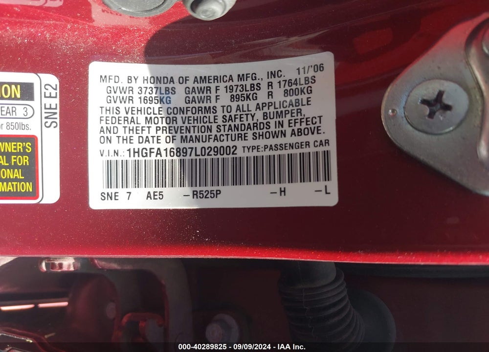 2007 HONDA CIVIC EX VIN: 1HGFA16897L029002