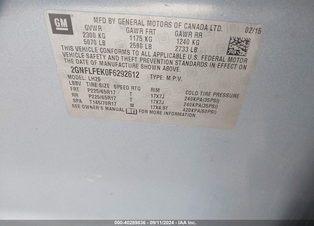 2015 CHEVROLET EQUINOX 1LT VIN: 2GNFLFEK0F6292612