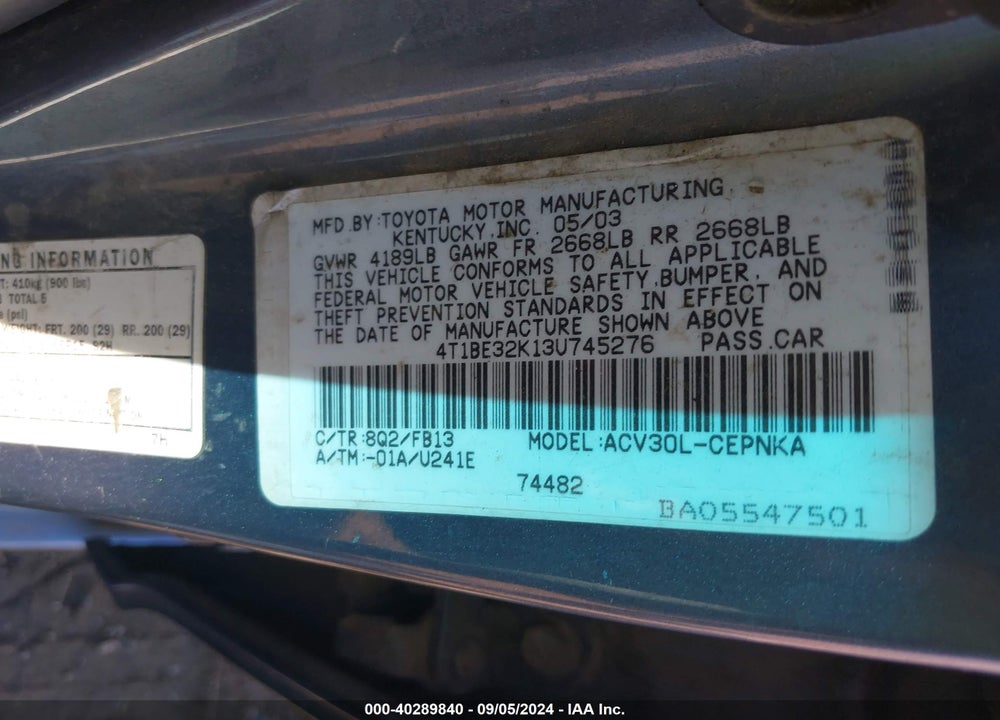 2003 TOYOTA CAMRY LE VIN: 4T1BE32K13U745276
