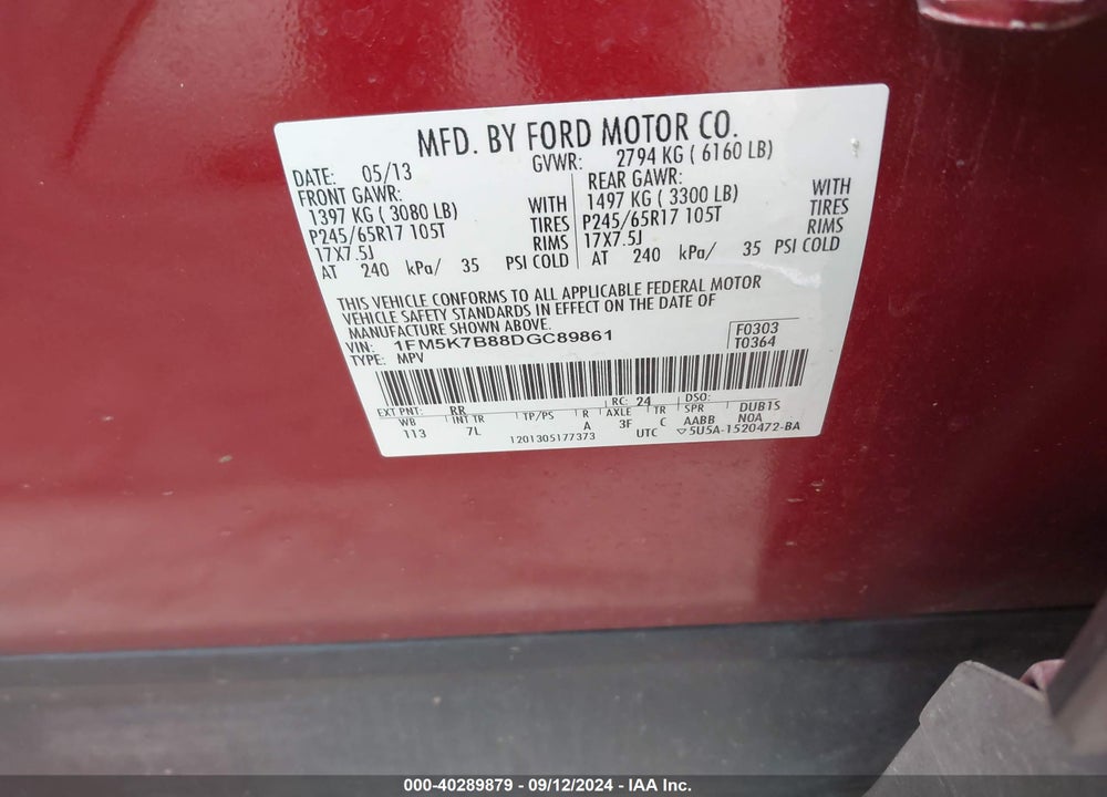 2013 FORD EXPLORER VIN: 1FM5K7B88DGC89861