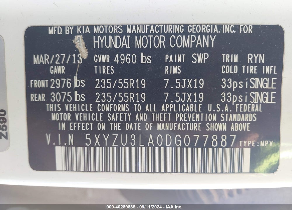 2013 HYUNDAI SANTA FE VIN: 5XYZU3LA0DG077887