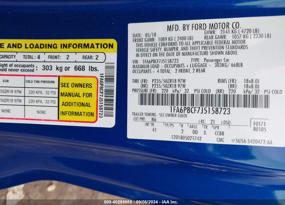 2018 FORD MUSTANG GT PREMIUM VIN: 1FA6P8CF7J5158723