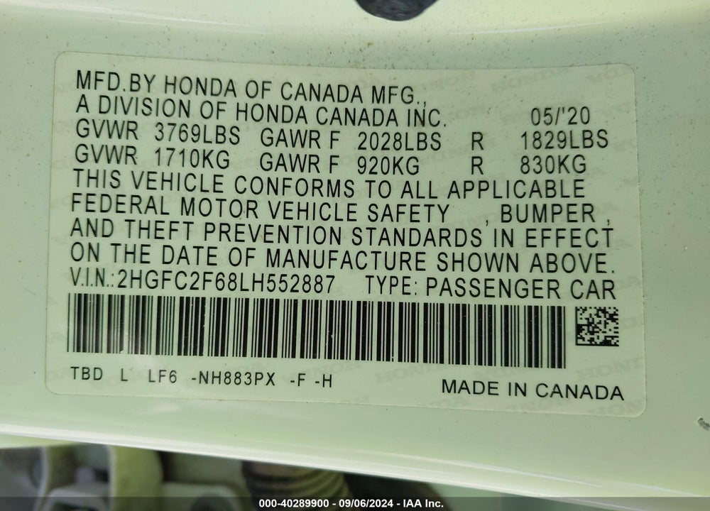 2020 HONDA CIVIC LX VIN: 2HGFC2F68LH552887