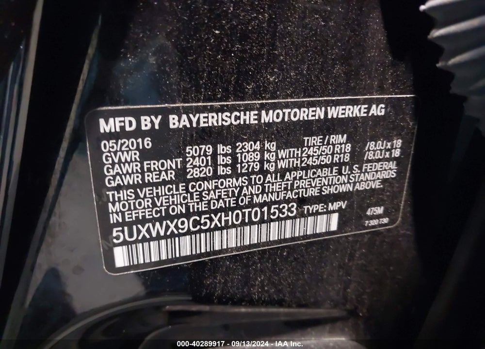 2017 BMW X3 XDRIVE28I VIN: 5UXWX9C5XH0T01533
