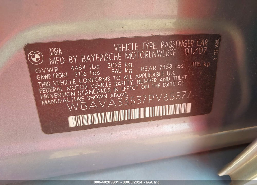2007 BMW 328I VIN: WBAVA33537PV65577