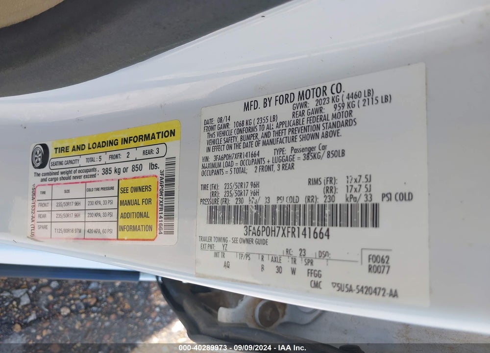 2015 FORD FUSION SE VIN: 3FA6P0H7XFR141664