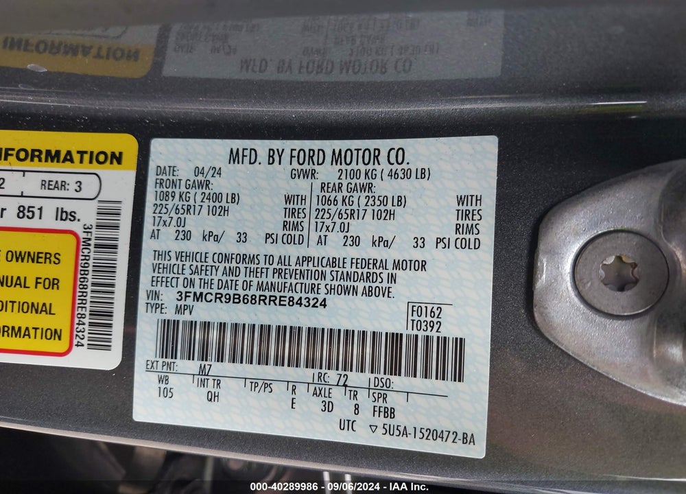 2024 FORD BRONCO SPORT BIG BEND VIN: 3FMCR9B68RRE84324