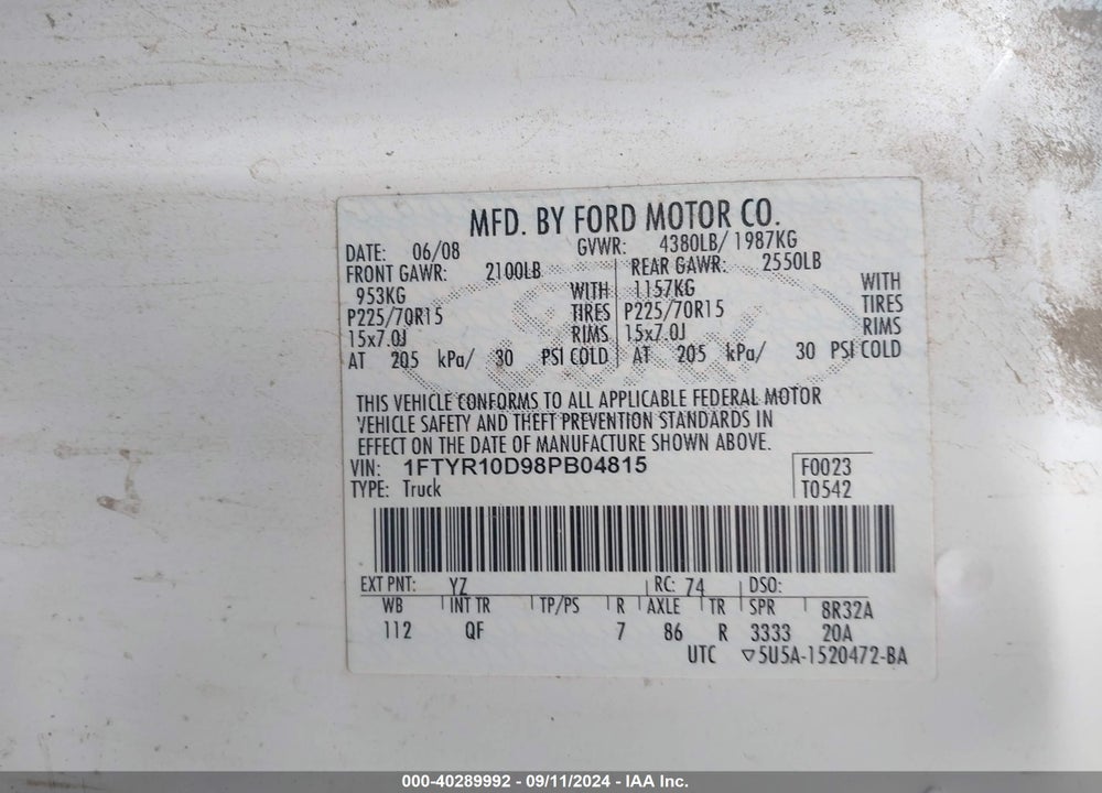 2008 FORD RANGER XL/XLT VIN: 1FTYR10D98PB04815