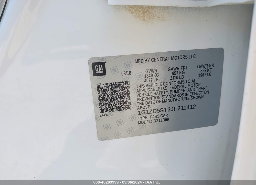 2018 CHEVROLET MALIBU LT VIN: 1G1ZD5ST3JF211412