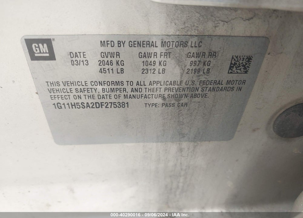 2013 CHEVROLET MALIBU 1LZ VIN: 1G11H5SA2DF275381