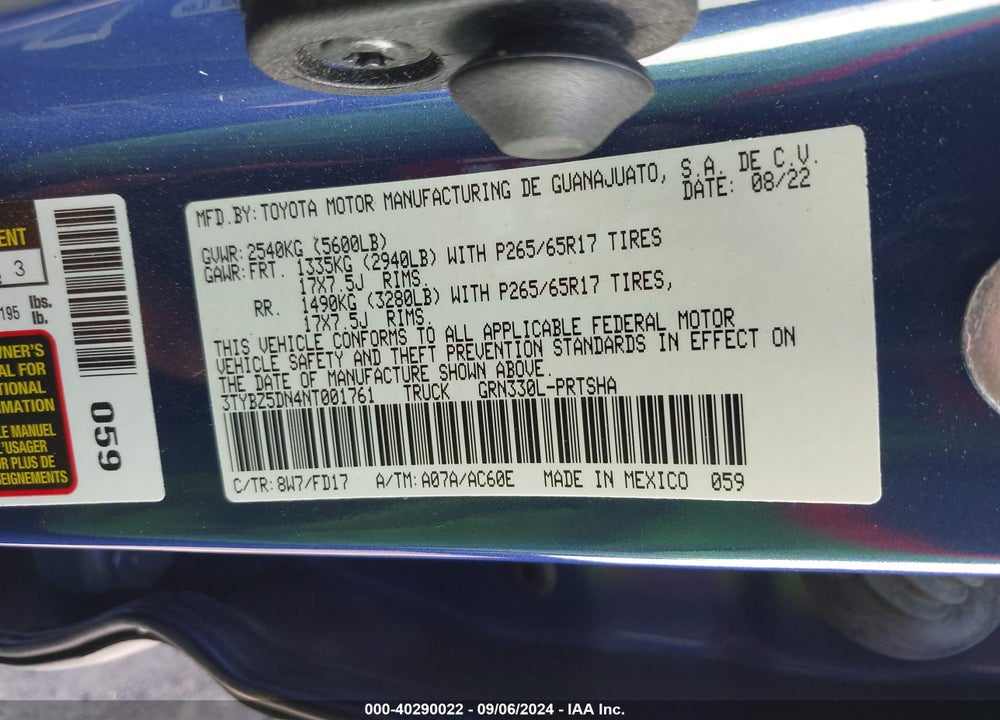 2022 TOYOTA TACOMA VIN: 3TYBZ5DN4NT001761