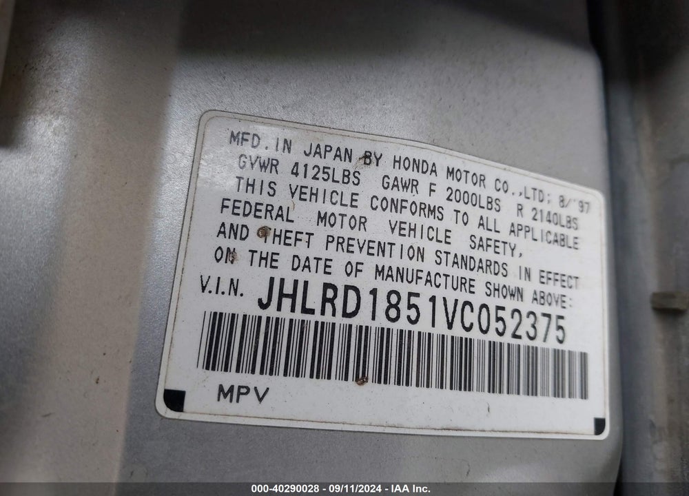 1997 HONDA CR-V VIN: JHLRD1851VC052375