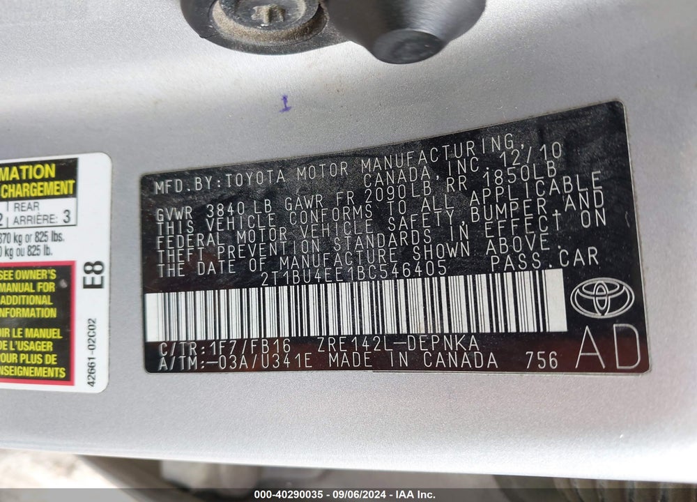 2011 TOYOTA COROLLA LE VIN: 2T1BU4EE1BC546405