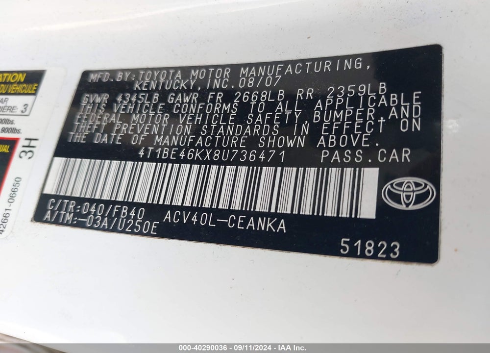 2008 TOYOTA CAMRY LE VIN: 4T1BE46KX8U736471