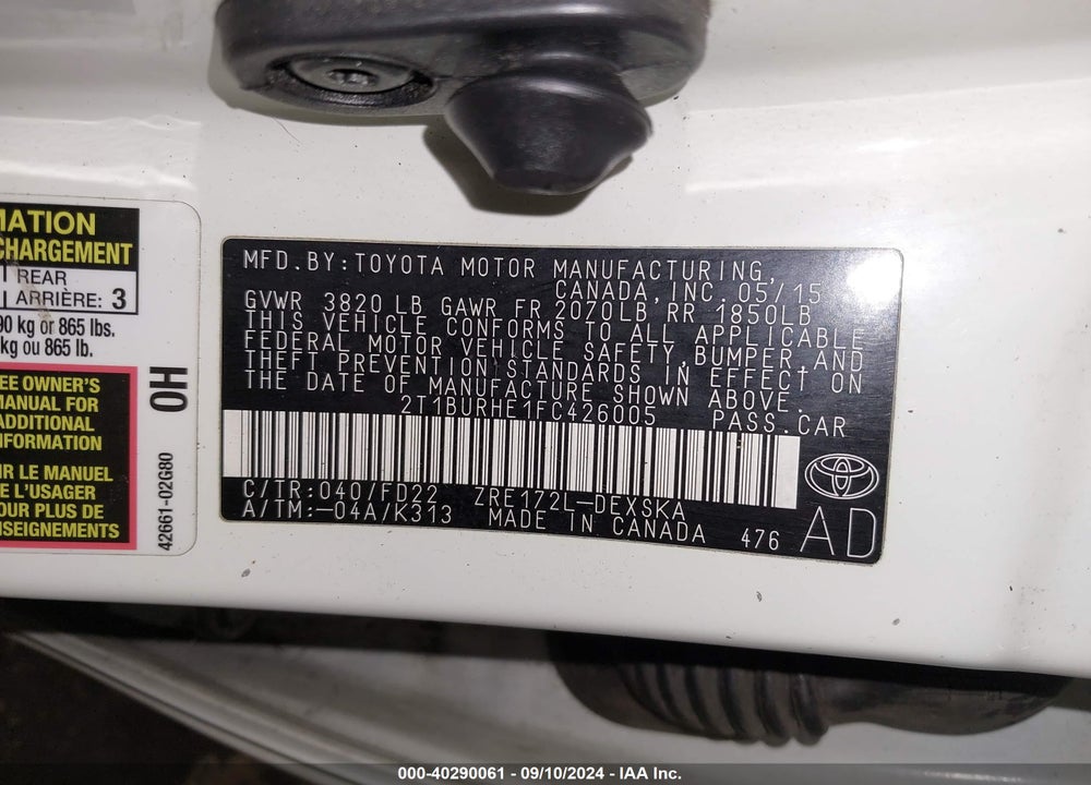 2015 TOYOTA COROLLA S PLUS VIN: 2T1BURHE1FC426005