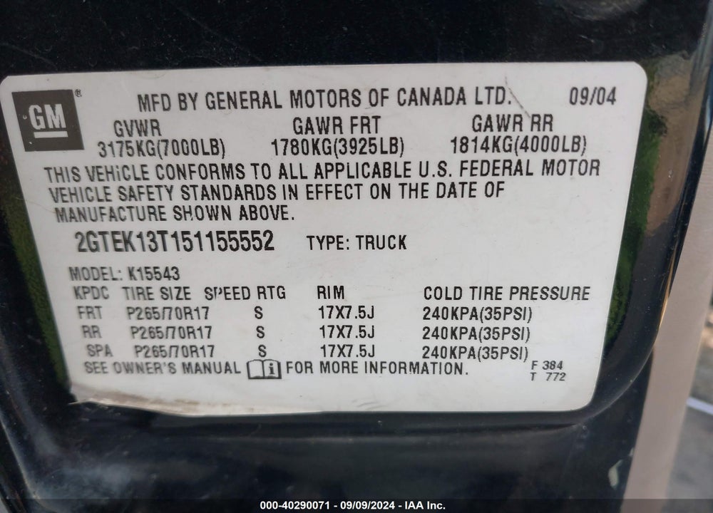 2005 GMC SIERRA 1500 SLE VIN: 2GTEK13T151155552