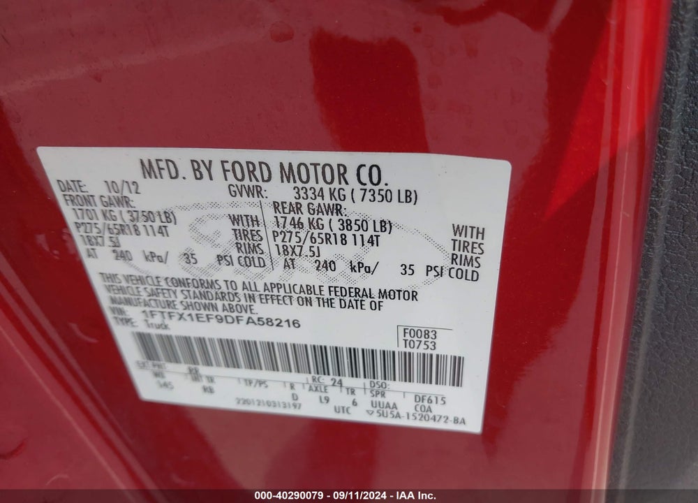 2013 FORD F-150 FX4 VIN: 1FTFX1EF9DFA58216